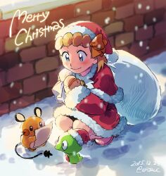 Rule 34 | 1girl, blonde hair, blue eyes, blush, bonnie (pokemon), capelet, christmas, closed mouth, commentary request, creatures (company), dated, dedenne, dress, elizabeth (tomas21), fur-trimmed capelet, fur trim, game freak, gen 6 pokemon, hat, holding, holding sack, legendary pokemon, long sleeves, looking down, merry christmas, mittens, nintendo, orange ribbon, outdoors, pink footwear, pokemon, pokemon (creature), pokemon xy, red capelet, red dress, red headwear, ribbon, sack, santa costume, santa hat, shoes, smile, snowing, squatting, zygarde, zygarde core