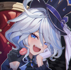 Rule 34 | 1girl, ahoge, blue eyes, fang, feeding, furina (genshin impact), genshin impact, gloves, half-closed eyes, hat, highres, looking at viewer, open mouth, portrait, smile, solo, teeth, top hat, upper teeth only, white hair