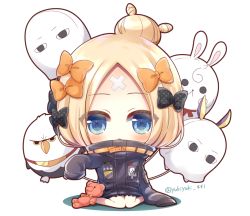 Rule 34 | 1girl, abigail williams (fate), abigail williams (traveling outfit) (fate), balloon, black bow, black jacket, blonde hair, blue eyes, blush, bow, chibi, commentary request, crossed bandaids, fate/grand order, fate (series), forehead, fou (fate), full body, hair bow, hair bun, heroic spirit traveling outfit, jacket, long hair, long sleeves, looking at viewer, medjed (fate), official alternate costume, orange bow, parted bangs, parted lips, polka dot, polka dot bow, single hair bun, sitting, sleeves past fingers, sleeves past wrists, solo, stuffed animal, stuffed toy, teddy bear, twitter username, wariza, white background, yukiyuki 441