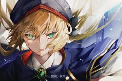 Rule 34 | 1girl, artoria caster (fate), artoria caster (second ascension) (fate), artoria pendragon (fate), black bow, blonde hair, blood, blood from mouth, blood on face, bow, brooch, commentary, fate/grand order, fate (series), green eyes, hair over one eye, hat, highres, jewelry, long hair, looking at viewer, open mouth, solo, translation request, umami pineapple, upper body, white background