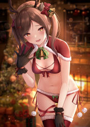 Rule 34 | 1girl, :d, antlers, bikini, black gloves, blurry, bokeh, bow, breasts, brown hair, capelet, christmas, christmas tree, cowboy shot, depth of field, fang, front-tie bikini top, front-tie top, fur trim, gloves, hair bow, hairband, hand up, highres, horns, long hair, looking at viewer, medium breasts, monaka curl, navel, open mouth, orange eyes, original, red bikini, red thighhighs, reindeer antlers, santa bikini, side-tie bikini bottom, smile, solo, standing, stomach, swimsuit, thighhighs, thighs, twintails
