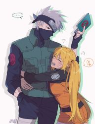 Rule 34 | ..., 10birthday10, 1boy, 1girl, blonde hair, blush, book, breasts, commentary request, closed eyes, genderswap, genderswap (mtf), grey hair, hatake kakashi, heart, highres, holding, holding book, hug, korean commentary, long hair, long sleeves, looking at another, mask, naruko (naruto), naruto (series), naruto shippuuden, open mouth, simple background, speech bubble, spoken heart, teeth, tongue, twintails, uzumaki naruto, white background