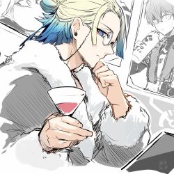 Rule 34 | 2boys, bathrobe, blonde hair, blue eyes, blue hair, blue lock, closed mouth, cup, drinking glass, glasses, hair bun, hand on own chin, hand up, holding, holding cup, isagi yoichi, looking at viewer, male focus, michael kaiser, multiple boys, round eyewear, sketch, smile, stroking own chin, torichiribs, upper body, wine glass