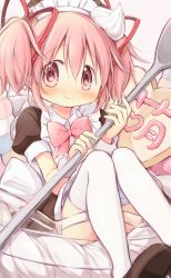 Rule 34 | absurdres, alternate costume, bad id, bad twitter id, blush, bow, bowtie, brown dress, clothing request, dress, frilled sleeves, frills, highres, hitode, kaname madoka, looking at viewer, mahou shoujo madoka magica, mahou shoujo madoka magica (anime), pink eyes, pink hair, red ribbon, ribbon, simple background, solo, spoon, thighhighs, white thighhighs
