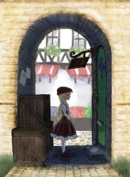 Rule 34 | 1girl, arch, artist name, awning, backlighting, blonde hair, blue eyes, brick wall, brown hat, brown skirt, child, cobblestone, crate, day, door, flat cap, frilled skirt, frills, full body, grass, hat, highres, kanmiya umanosuke, letter, light smile, loafers, long hair, long sleeves, love letter, original, outdoors, pantyhose, pavement, profile, shirt, shoes, sign, signature, skirt, solo, standing, stone wall, v arms, wall, white pantyhose, white shirt, wide shot, window, window box