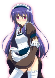 Rule 34 | 1girl, alice (ragnarok online), alternate costume, blush, clothes lift, dress, dress lift, embarrassed, female focus, frilled thighhighs, frills, garter straps, gloves, kuroma (no plan), lifted by self, long hair, looking at viewer, maid, maid headdress, pink eyes, purple hair, ragnarok online, simple background, solo, standing, thighhighs, white background, white gloves, white thighhighs