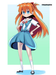 Rule 34 | 1girl, :&gt;, artist name, blue eyes, blue skirt, breasts, brown hair, clothes lift, dragodragodran, full body, hands on own hips, highres, interface headset, long hair, looking at viewer, neck ribbon, neon genesis evangelion, red ribbon, ribbon, school uniform, shirt, simple background, skirt, skirt lift, small breasts, smile, socks, solo, souryuu asuka langley, standing, suspender skirt, suspenders, tokyo-3 middle school uniform, twintails, twitter username, white background, white shirt, white socks