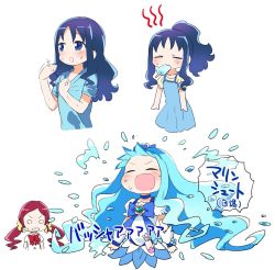Rule 34 | 2girls, blue bow, blue choker, blue dress, blue eyes, blue hair, blue shirt, blue skirt, blush, bow, bowtie, brooch, chibi, choker, closed eyes, commentary request, cropped torso, cure marine, dress, fanning face, floating hair, food, food in mouth, gem, gloves, hair ornament, hair scrunchie, hanasaki tsubomi, heart, heart brooch, heartcatch precure!, hot, jewelry, kurokawa makoto, kurumi erika, long hair, looking at another, looking away, low twintails, magical girl, mouth hold, multiple girls, multiple views, o o, open mouth, parted bangs, ponytail, popsicle, precure, puffy short sleeves, puffy sleeves, red bow, red hair, red neckwear, scrunchie, shirt, shirt tug, short sleeves, sidelocks, simple background, skirt, sleeveless, sleeveless dress, sweat, translation request, twintails, upper body, v-shaped eyebrows, water, white background, white dress, white gloves, yellow scrunchie, yellow shirt