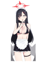 Rule 34 | 1girl, absurdres, alternate costume, apron, bikini, black bikini, black choker, black hair, black wings, blue archive, blush, breasts, choker, collarbone, cowboy shot, enmaided, frilled apron, frills, grey eyes, hair ornament, hairclip, halo, highres, ichika (blue archive), komasi, large breasts, long hair, looking at viewer, maid, maid bikini, maid headdress, one eye closed, open mouth, red halo, simple background, solo, swimsuit, thigh strap, unconventional maid, waist apron, white apron, white background, wings