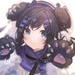 Rule 34 | 1girl, aiba uiha, animal ears, animal hands, beret, black gloves, black hair, blue bow, blue eyes, blush, bow, closed mouth, commentary request, ear piercing, gloves, hair bow, hair ornament, hairclip, hands up, hat, looking at viewer, meme (sgoat m), mole, mole under eye, nijisanji, paw gloves, piercing, simple background, smile, solo, upper body, virtual youtuber, white background, white hat, x hair ornament