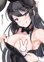 Rule 34 | 1girl, animal ears, armpits, artist name, bare shoulders, black bow, black hair, black leotard, blue eyes, blush, bow, bowtie, breasts, bunny censor, censored, censored nipples, cleavage, closed mouth, commentary, detached collar, english commentary, fake animal ears, hair ornament, hairclip, hands up, head tilt, large breasts, leotard, licking lips, long hair, looking at viewer, naughty face, novelty censor, paid reward available, patreon username, pixiv id, playboy bunny, pulled by self, rabbit ears, rabbit hair ornament, reeze (reezely), sakurajima mai, seishun buta yarou, shiny skin, sidelocks, simple background, smile, solo, tongue, tongue out, twitter username, upper body, white background, wrist cuffs