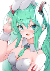Rule 34 | 1girl, :3, :d, animal ears, bare shoulders, between breasts, blush, breasts, cleavage, collar, commentary request, dduck kong, detached collar, fake animal ears, green eyes, green hair, green nails, green necktie, hair between eyes, hair ornament, hand up, hatsune miku, highres, leotard, long hair, medium breasts, nail polish, necktie, necktie between breasts, open mouth, playboy bunny, rabbit ears, rabbit girl, simple background, smile, solo, strapless, strapless leotard, teeth, twintails, upper body, upper teeth only, vocaloid, white background, white collar, white leotard, wing collar, wrist cuffs