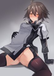 Rule 34 | 1girl, ahoge, arknights, arm support, big belly, black gloves, black thighhighs, blush, bottomless, brown hair, commentary request, feather hair, garter straps, gloves, hair between eyes, hand on own stomach, medium hair, multicolored hair, plume (arknights), pregnant, sasa onigiri, simple background, solo, strap, sweatdrop, thighhighs, two-tone hair, white hair, yellow eyes