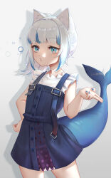 Rule 34 | 1girl, absurdres, animal ears, blowing kiss, blue dress, blue eyes, blue hair, blue nails, blunt bangs, blush, buttons, cat ears, commentary, cowboy shot, dress, drop shadow, english commentary, fins, fish tail, frilled sleeves, frills, gawr gura, gawr gura (casual), gradient background, grey background, grey hair, hand on own hip, highres, hololive, hololive english, lifted by tail, looking at viewer, medium hair, multicolored hair, no pants, o3o, official alternate costume, official alternate hairstyle, pinafore dress, pleated dress, puckered lips, shark tail, shirt, short sleeves, side ponytail, sidelocks, sleeveless, sleeveless dress, solo, streaked hair, suspenders, tail, virtual youtuber, white shirt, yuenillus