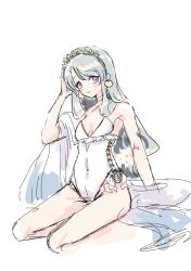 Rule 34 | asymmetrical bangs, casual one-piece swimsuit, choker, flower, frilled one-piece swimsuit, frills, grey hair, hair flower, hair ornament, hairband, highleg, highleg swimsuit, highres, kantai collection, long hair, official alternate costume, one-piece swimsuit, purple eyes, sagiri (kancolle), shawl, side-tie swimsuit, simple background, sitting, swept bangs, swimsuit, tsumorin (tumori), white background, white choker, white one-piece swimsuit, white shawl