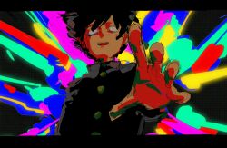 Rule 34 | 1boy, black jacket, blank eyes, buttons, collared jacket, explosion, floating hair, foreshortening, gakuran, highres, jacket, kageyama shigeo, male focus, mob psycho 100, multicolored background, no pupils, open mouth, outstretched hand, reaching, reaching towards viewer, school uniform, senzo6700, sketch, solo, spiked hair, telekinesis