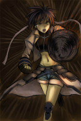 Rule 34 | &gt;:o, 00s, 1girl, :o, androgynous, armor, blonde hair, blue shorts, brown hair, clenched hand, cowboy shot, crop top, drill, emphasis lines, faulds, female focus, grey jacket, headband, jacket, kitiroku, knee pads, long sleeves, looking at viewer, lyrical nanoha, mahou shoujo lyrical nanoha, mahou shoujo lyrical nanoha strikers, medicine melancholy, military, military uniform, naval uniform, open clothes, open jacket, open mouth, short hair, shorts, solo, standing, stomach bulge, subaru nakajima, teardrop, thighhighs, tomboy, uniform, v-shaped eyebrows, waist cape, yellow eyes, yellow thighhighs