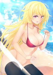 Rule 34 | 1girl, beach, bikini, bikini top only, bird, black thighhighs, blonde hair, bottomless, breasts, cloud, covered erect nipples, day, halterneck, halterneck, highres, large breasts, light censor, long hair, looking at viewer, navel, ocean, open mouth, outdoors, pink eyes, purple bikini, sky, solo, strap lift, swimsuit, thighhighs, very long hair, xiaodi
