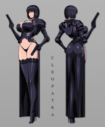 Rule 34 | 1girl, akiranime, ankh, ankh zipper, ass, black eyes, black hair, black panties, black thighhighs, blunt bangs, bob cut, breasts, bursting breasts, cleavage, cleavage cutout, cleopatra (akiranime), clothing cutout, dual wielding, female focus, from behind, full body, gloves, gun, handgun, high heels, highres, holding, huge breasts, lace, lace-trimmed legwear, lace-trimmed panties, lace panties, lace trim, large breasts, lingerie, narrow waist, open clothes, original, panties, pistol, revealing clothes, short hair, solo, thigh gap, thighhighs, underwear, unzipped, weapon, zipper