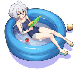 Rule 34 | 1girl, bare arms, bare legs, bare shoulders, blue one-piece swimsuit, commentary request, feet, flip-flops, grey eyes, grey hair, gundam, gundam suisei no majo, hair between eyes, heebee, holding, holding water gun, long hair, messy hair, miorine rembran, one-piece swimsuit, parted lips, sandals, school swimsuit, simple background, solo, swimsuit, teeth, toes, tomato, wading pool, water, water gun, white background