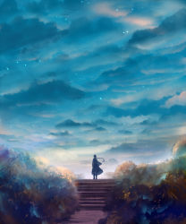 Rule 34 | + +, 1girl, ahoge, blue sky, braid, bush, cloud, cloudy sky, commentary request, day, long hair, original, sakimori (hououbds), scenery, sky, solo, stairs, standing, very wide shot