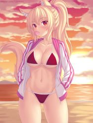 Rule 34 | 1girl, animal ear fluff, animal ears, beach, bikini, blonde hair, breasts, blowing bubbles, cat ears, chewing gum, cleavage, cloud, collarbone, commentary, covered erect nipples, cowboy shot, english commentary, gluteal fold, hair ornament, hair scrunchie, hands in pockets, highres, jacket, large breasts, navel, nottytiffy, original, outdoors, ponytail, red bikini, red eyes, sand, scrunchie, shiny skin, solo, sun, sunset, swimsuit, thighs, tiffy (nottytiffy), track jacket, underboob, watermark, web address, zipper