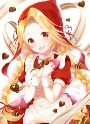 Rule 34 | 1girl, :d, apron, blonde hair, blouse, bow, box, candy, chocolate, chocolate heart, drill hair, floating hair, food, frilled apron, frills, gift, gift box, green ribbon, hair intakes, hair ribbon, heart, highres, holding, holding bow (ornament), koyama sao, long hair, looking at viewer, neck ribbon, open mouth, red eyes, red hood, red ribbon, red shirt, red skirt, ribbon, saga, saga frontier 2, shirt, short sleeves, skirt, smile, solo, twin drills, very long hair, white apron