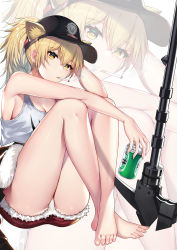 Rule 34 | 1girl, absurdres, animal ear fluff, animal ears, arknights, bare arms, bare legs, bare shoulders, barefoot, baseball cap, blonde hair, breasts, can, cigarette, cleavage, crossed legs, duan s, ears through headwear, fur-trimmed shorts, fur trim, hair between eyes, hammer, hand up, hat, highres, holding, holding can, lion ears, long hair, looking at viewer, mouth hold, ponytail, red shorts, short shorts, shorts, siege (arknights), sitting, smoke, smoking, solo, tank top, thighs, white background, white tank top, yellow eyes, zoom layer