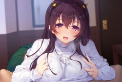 Rule 34 | 1girl, aged up, alternate breast size, black hairband, breasts, brown hair, cum, ejaculation under clothes, fake horns, fang, green skirt, hairband, horns, kantai collection, kisaragi (kancolle), large breasts, long hair, long sleeves, official alternate costume, open mouth, paizuri, paizuri under clothes, pleated skirt, purple eyes, sidelocks, skirt, solo focus, sweater, upper body, white sweater, yayoi and nagi