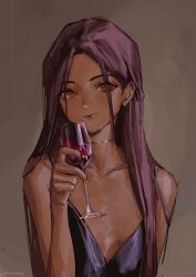 Rule 34 | 1girl, black dress, breasts, brown background, brown eyes, brown hair, closed mouth, cup, dark-skinned female, dark skin, demi (nashidrop), dress, drinking glass, gold choker, highres, holding, holding cup, long hair, looking at viewer, nashidrop, original, small breasts, solo, wine glass