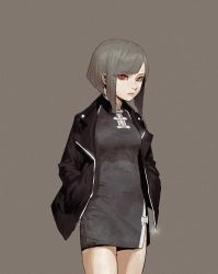Rule 34 | 1girl, black jacket, bob cut, bright pupils, closed mouth, cowboy shot, dress, gogalking, grey background, grey hair, hands in pockets, highres, jacket, looking at viewer, open clothes, open jacket, original, pencil dress, red eyes, short dress, short hair, simple background, solo, standing, white pupils