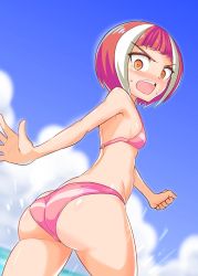 Rule 34 | 1girl, ass, azure striker gunvolt, bare shoulders, bikini, blush, breasts, cougar (cougar1404), embarrassed, fang, from behind, from below, gibril (gunvolt), huge ass, looking at viewer, looking down, multicolored hair, open mouth, orange eyes, red hair, shiny skin, short hair, sideboob, small breasts, solo, streaked hair, sweatdrop, swimsuit, white hair