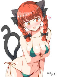 Rule 34 | 1girl, animal ears, bikini, black bow, blunt bangs, bow, braid, breasts, cat ears, cat tail, covered erect nipples, deego (omochi bazooka), extra ears, green bikini, hair bow, heart, highres, kaenbyou rin, large breasts, long hair, looking at viewer, multiple tails, navel, open mouth, red eyes, red hair, side-tie bikini bottom, simple background, slit pupils, solo, swimsuit, tail, touhou, twin braids, twitter username, white background