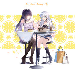 2girls alternate_costume bag bare_shoulders black_socks black_thighhighs blue_eyes blunt_bangs boots bow braid cake chair collared_shirt contemporary couple cup elbows_on_table floral_background flower food fork fruit full_body hair_between_eyes hair_bow highres holding holding_fork honkai_(series) honkai_impact_3rd kiana_kaslana lemon lemon_slice light_blush light_smile multiple_girls off_shoulder on_chair open_clothes open_mouth open_shirt patterned_background pink_flower plate ponytail pudding purple_eyes purple_hair raiden_mei shirt shiyoi shoes shopping_bag shorts sitting socks table tablecloth thighhighs twin_braids white_hair yuri