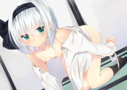 Rule 34 | 1girl, all fours, aqua eyes, bare shoulders, bottomless, breasts, hair ribbon, konpaku youmu, long sleeves, looking at viewer, naked shirt, nigo (aozoragarou), nipples, off shoulder, open clothes, open shirt, panties, unworn panties, ribbon, shirt, short hair, silver hair, small breasts, solo, tatami, touhou, underwear, undressing, white panties