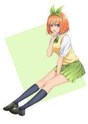Rule 34 | 1girl, :d, absurdres, between legs, black footwear, black socks, blue eyes, blush, bow, collared shirt, commentary request, eyelashes, full body, go-toubun no hanayome, green background, green bow, green ribbon, green skirt, hair between eyes, hair ribbon, hand between legs, hand up, happy, highres, kneehighs, legs together, loafers, looking at viewer, medium hair, miniskirt, nakano yotsuba, nishizuki shino, open mouth, outstretched legs, plaid, plaid bow, pleated skirt, ribbon, shirt, shoes, simple background, sitting, skirt, sleeves rolled up, smile, socks, solo, straight hair, sweater vest, two-tone background, white background, white shirt, yellow sweater vest