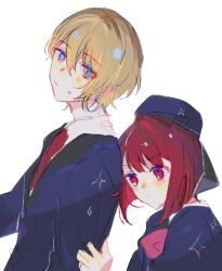 Rule 34 | 1boy, 1girl, arima kana, beret, blonde hair, blue eyes, blue headwear, blue vest, bob cut, closed mouth, hat, highres, hoshino aquamarine, inverted bob, looking at another, necktie, oshi no ko, red eyes, red hair, red necktie, school uniform, short hair, simple background, upper body, vest, white background, xingfulun16203, youtou high school uniform