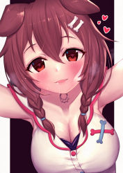 Rule 34 | 1girl, animal ears, armpits, bare shoulders, black background, blush, bone hair ornament, braid, breasts, brown eyes, brown hair, cartoon bone, cleavage, dog ears, dress, drooling, fang, grey background, hair between eyes, hair ornament, hair over shoulder, heart, heart-shaped pupils, heavy breathing, highres, hololive, inugami korone, inugami korone (1st costume), long hair, looking at viewer, medium breasts, parted lips, reaching, reaching towards viewer, saliva, sleeveless, sleeveless dress, smile, solo, symbol-shaped pupils, twin braids, two-tone background, uneg, upper body, virtual youtuber, white dress