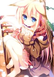 Rule 34 | 1girl, absurdres, animal ears, baozi, bare legs, barefoot, bench, blonde hair, blue eyes, coat, eating, food, fox ears, fox tail, highres, konoha (nozomi tsubame), long sleeves, looking at viewer, nozomi tsubame, original, plaid, plaid scarf, scarf, sitting, snow, snowflakes, tail, toes, winter clothes, winter coat