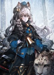 Rule 34 | 1girl, animal ear fluff, animal ears, arknights, bag, bare tree, bell, black capelet, black gloves, black hair, black skirt, blue coat, blue hat, blush, braid, breath, capelet, chain, coat, cold, commentary, cowboy shot, earrings, eyelashes, fur-trimmed capelet, fur trim, gloves, grey eyes, hair between eyes, hair ribbon, handbag, hat, highres, holding, holding bell, jewelry, lentain, leopard ears, leopard tail, long hair, long skirt, long sleeves, looking at viewer, multicolored hair, necklace, official alternate costume, outdoors, parted lips, pramanix (arknights), pramanix (caster&#039;s frost) (arknights), ribbon, side braids, silver hair, single earring, skirt, snow, snow leopard, snowing, solo, standing, tail, tassel, tassel earrings, tree, twin braids, two-tone hair, very long hair