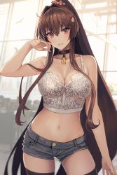 Rule 34 | 1girl, black choker, black thighhighs, breasts, brown eyes, brown hair, choker, cleavage, crop top, denim, denim shorts, hair between eyes, hand up, high ponytail, highres, kantai collection, kasumi (skchkko), large breasts, long hair, looking at viewer, midriff, navel, parted lips, short shorts, shorts, smile, solo, thighhighs, yamato (kancolle)