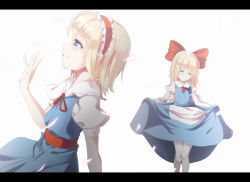 Rule 34 | 1girl, alice margatroid, blonde hair, blue eyes, blush, bow, clothes lift, curtsey, dress, dress lift, hair bow, hairband, letterboxed, meracle, petals, sash, shanghai doll, smile, touhou