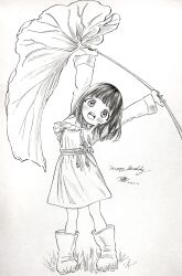 Rule 34 | 1girl, akebi-chan no serafuku, akebi kao, arms up, black hair, blunt bangs, boots, child, dated, dress, frilled jacket, frills, grass, happy birthday, highres, hiro (dismaless), holding, holding leaf, jacket, leaf, leaf umbrella, looking at viewer, monochrome, on grass, open mouth, rubber boots, signature, solo, standing