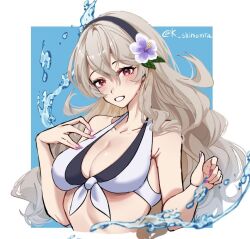 Rule 34 | 1girl, bare shoulders, bikini, black hairband, blush, breasts, cleavage, commentary request, corrin (female) (fire emblem), corrin (female) (summer) (fire emblem), corrin (fire emblem), fire emblem, fire emblem fates, fire emblem heroes, flower, grey hair, grin, hair flower, hair ornament, hairband, hands up, karashino, long hair, looking at viewer, medium breasts, nail polish, nintendo, official alternate costume, purple flower, purple nails, red eyes, smile, solo, stomach, swimsuit, upper body, very long hair, white bikini