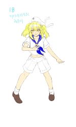 Rule 34 | 1girl, absurdres, anchor symbol, blonde hair, blue neckerchief, blue sailor collar, breasts, brown footwear, commentary request, derivative work, eyelashes, full body, hat, highres, kitashirakawa chiyuri, korean commentary, kuya (hey36253625), loafers, medium hair, midriff, navel, neckerchief, phantasmagoria of dim.dream, ribbon, sailor, sailor collar, sailor hat, sailor shirt, shirt, shoes, simple background, small breasts, solo, stomach, touhou, touhou (pc-98), translation request, uniform, white background, white hat, white legwear, white ribbon, white shirt, yellow eyes