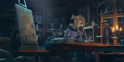 Rule 34 | 2boys, aether (genshin impact), albedo (genshin impact), black gloves, blonde hair, blue eyes, book, book stack, bookshelf, brown hair, candle, desk, ear piercing, earrings, eyebrows, closed eyes, genshin impact, gloves, glowing, hand on own chin, highres, indoors, jewelry, knee pads, male focus, multiple boys, necklace, painting (object), pale skin, piercing, ponytail, portrait (object), sitting, tanaw, thinking