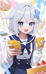Rule 34 | 1girl, :d, absurdres, blue bow, blue eyes, blue sailor collar, blurry, blurry background, blurry foreground, bow, bowtie, buttons, cake, cake slice, collarbone, cowboy shot, cross hair ornament, food, giving, gosegu, grey hair, hair ornament, highres, holding, holding food, long sleeves, mixed-language commentary, open mouth, pang fare, sailor collar, shirt, short hair, skirt, smile, solo, standing, strawberry shortcake, suspender skirt, suspenders, virtual youtuber, waktaverse, white shirt