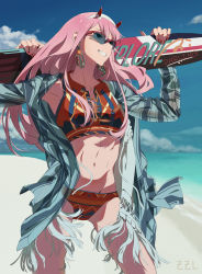 Rule 34 | 1girl, abs, absurdres, alternate costume, beach, blue-tinted eyewear, blue-tinted glasses, darling in the franxx, floating clothes, floating hair, highres, holding, holding surfboard, horns, long hair, looking to the side, oni horns, pink hair, solo, sunglasses, surfboard, tinted eyewear, zero two (darling in the franxx), zzl