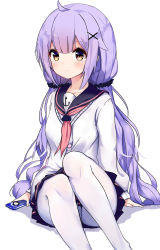 Rule 34 | 1girl, ahoge, ascot, azur lane, blush, cardigan, cellphone, collarbone, commentary, hair ornament, hair scrunchie, highres, holding, holding phone, long hair, looking at viewer, low twintails, pantyhose, phone, pleated skirt, purple hair, sailor collar, scrunchie, sidelocks, simple background, sitting, skirt, smartphone, solo, sutorea, twintails, unicorn (long-awaited date) (azur lane), unicorn (azur lane), very long hair, white background, white pantyhose, x hair ornament, yellow eyes