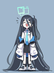 Rule 34 | 1girl, absurdly long hair, absurdres, aqua halo, aris (blue archive), black hair, black necktie, black skirt, black socks, blue archive, blue background, blue necktie, closed eyes, collared shirt, commentary request, domado, facing viewer, full body, green halo, halo, highres, jacket, korean commentary, long hair, long sleeves, necktie, off shoulder, open clothes, open jacket, open mouth, pleated skirt, rectangular halo, shirt, shoes, side ponytail, simple background, skirt, sleeves past fingers, sleeves past wrists, smile, socks, solo, standing, straight-on, very long hair, white footwear, white jacket, white shirt